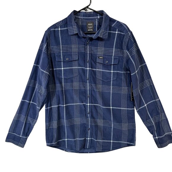 RVCA Men's M Blues Walk Plaid Corduroy Button-up Shirt in Moody Blue NWT - Picture 1 of 13